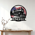 Patriotic locomotive metal sign displayed as railroader wall decor in a bright home entryway
