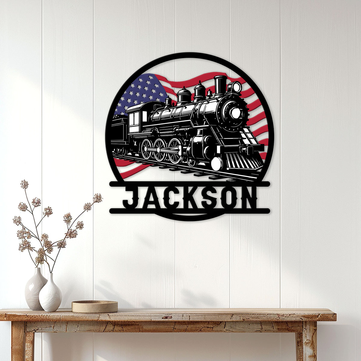 Patriotic locomotive metal sign displayed as railroader wall decor in a bright home entryway