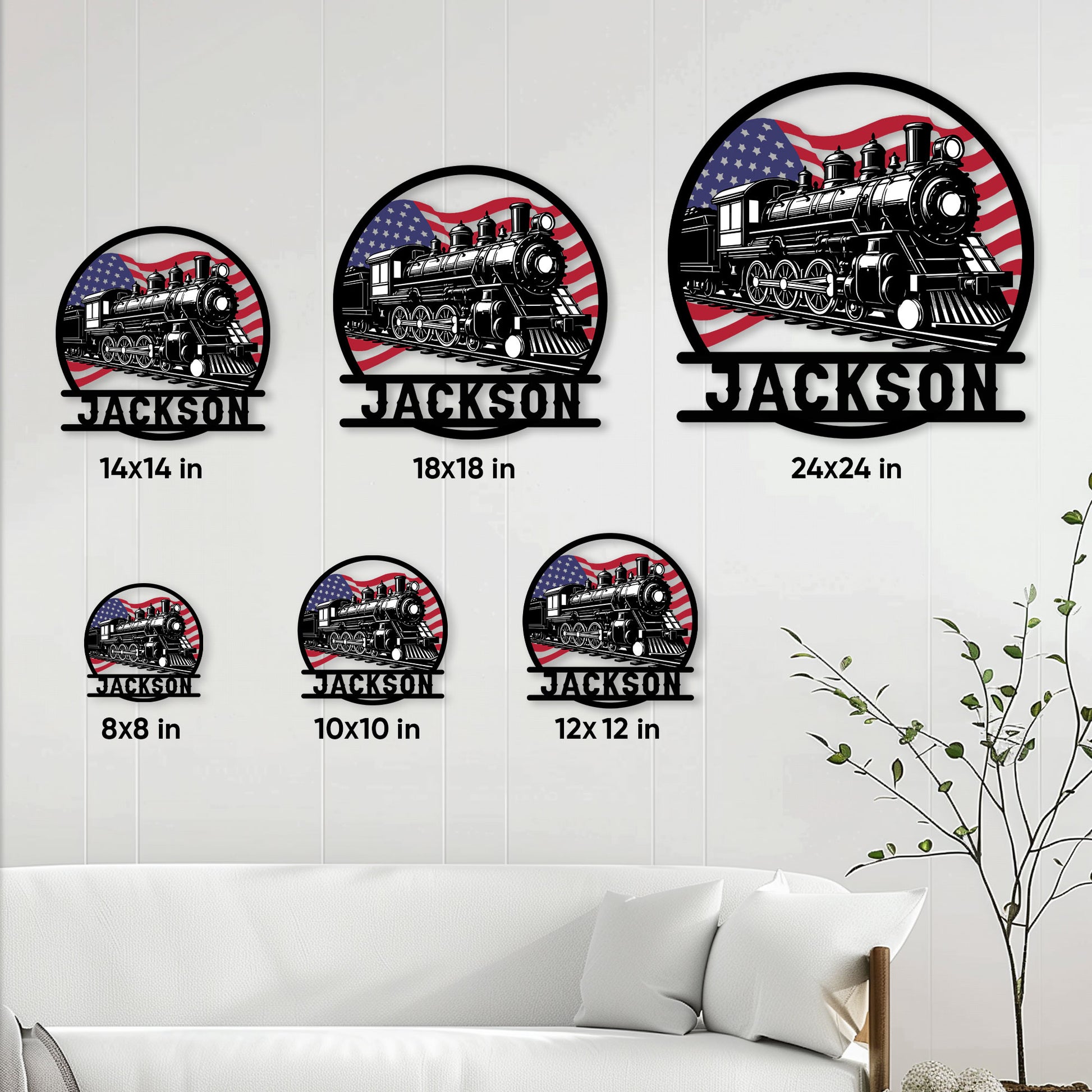 Railroad metal sign size guide showing locomotive designs in 8, 10, 12, 14, 18, and 24 inch options