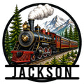 Custom railroader metal sign featuring a vintage steam train crossing a mountain forest landscape