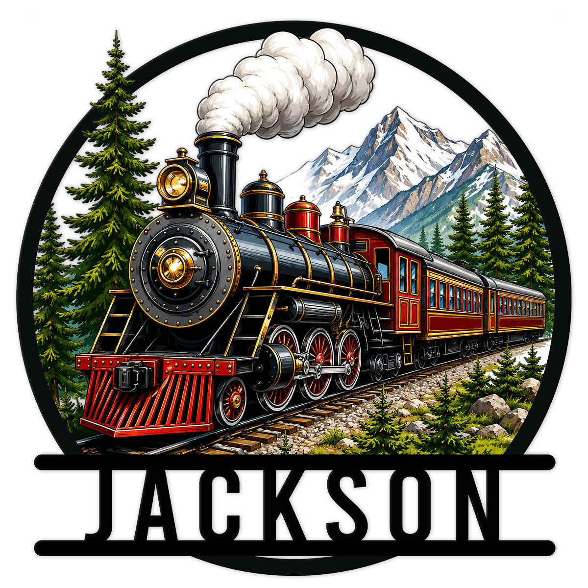 Custom railroader metal sign featuring a vintage steam train crossing a mountain forest landscape