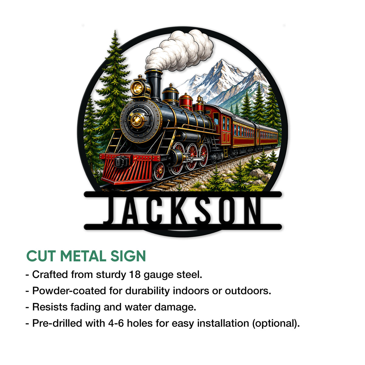 Railroad wall sign product feature graphic showing a steam locomotive and passenger cars