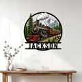 Railroader metal sign displayed on a white paneled wall above a rustic console table