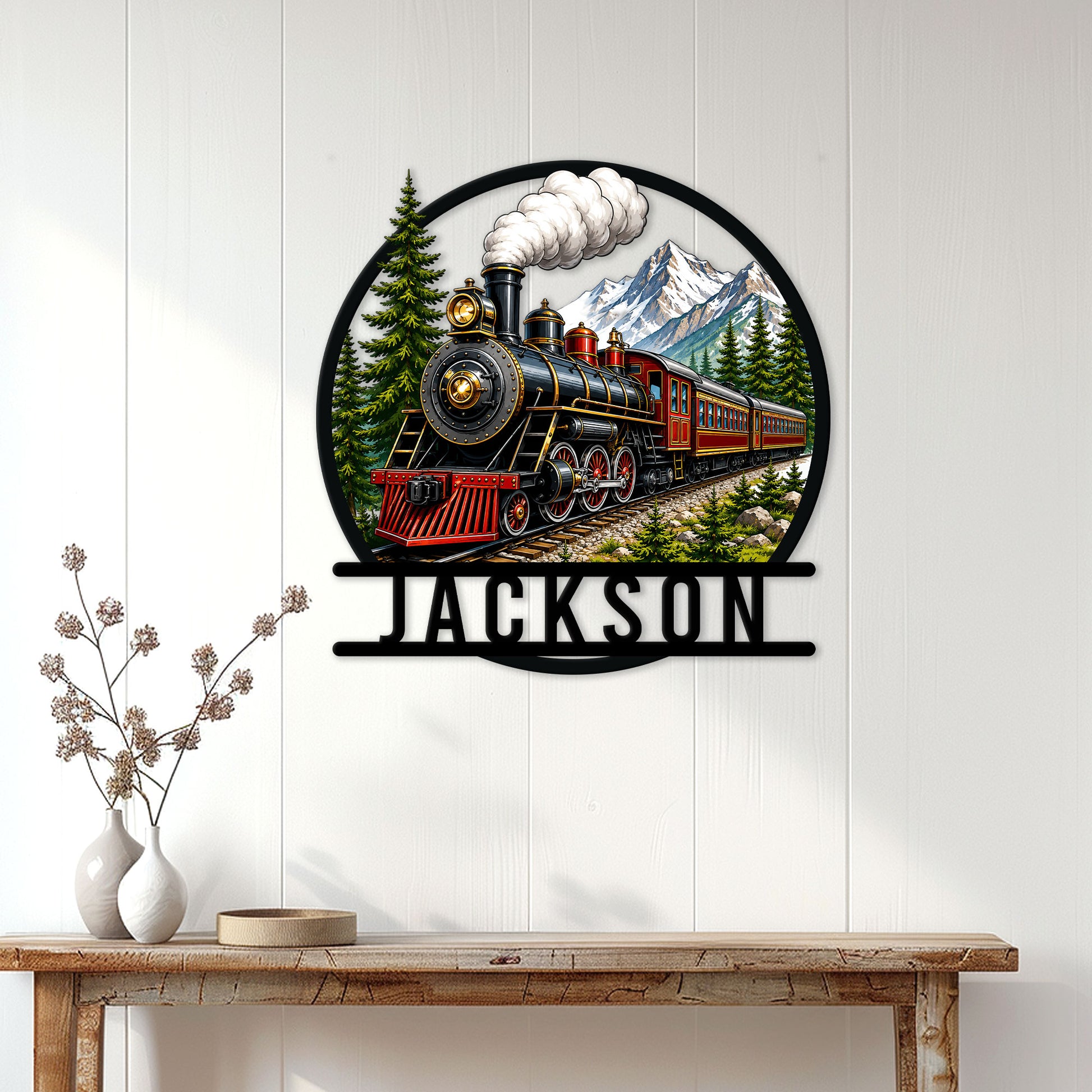 Railroader metal sign displayed on a white paneled wall above a rustic console table