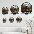 Railroad metal sign size guide showing multiple available square size options on a wall