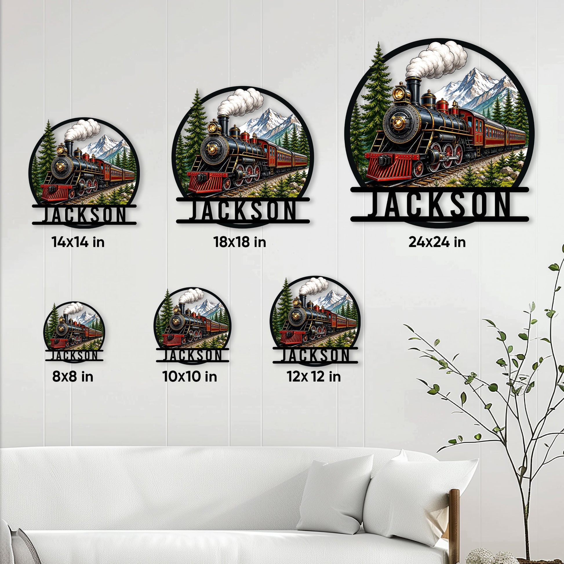 Railroad metal sign size guide showing multiple available square size options on a wall