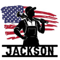 Custom plumber metal sign featuring a hardworking plumber silhouette with a wrench against a distressed American flag