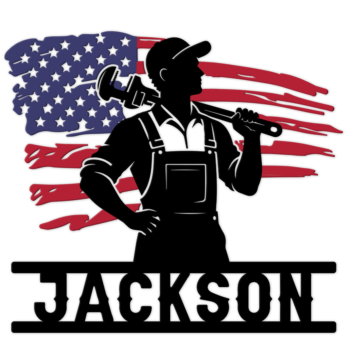 Custom plumber metal sign featuring a hardworking plumber silhouette with a wrench against a distressed American flag