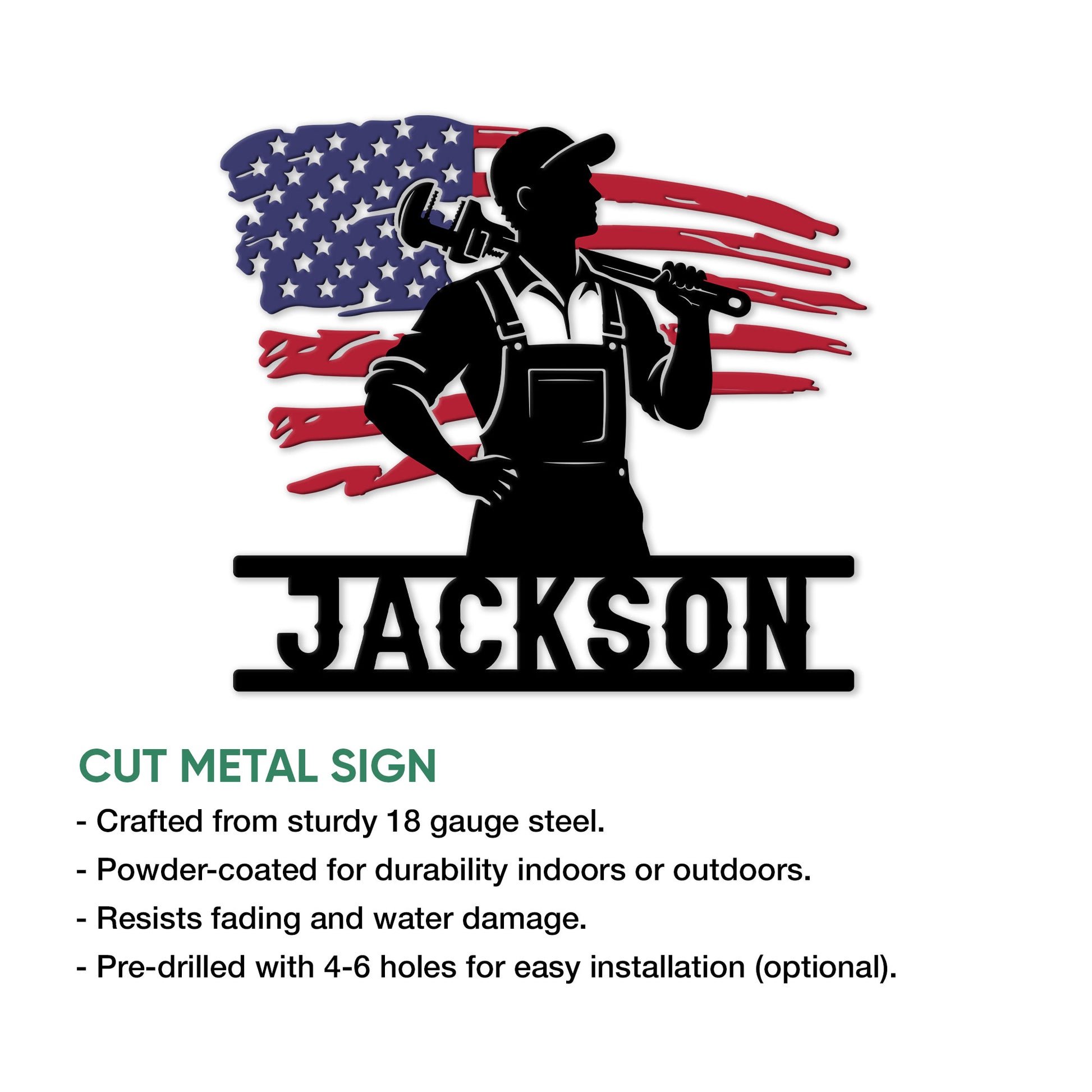 Patriotic plumber metal sign with a pipe wrench, workwear silhouette, and bold decorative wall sign design