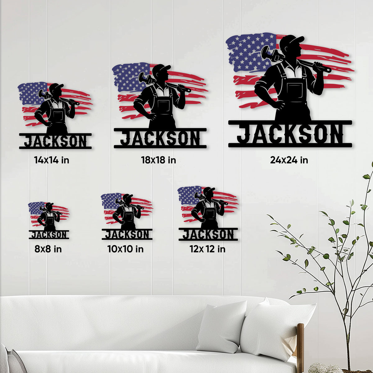 Plumber metal sign size guide showing multiple square size options styled in a bright living room