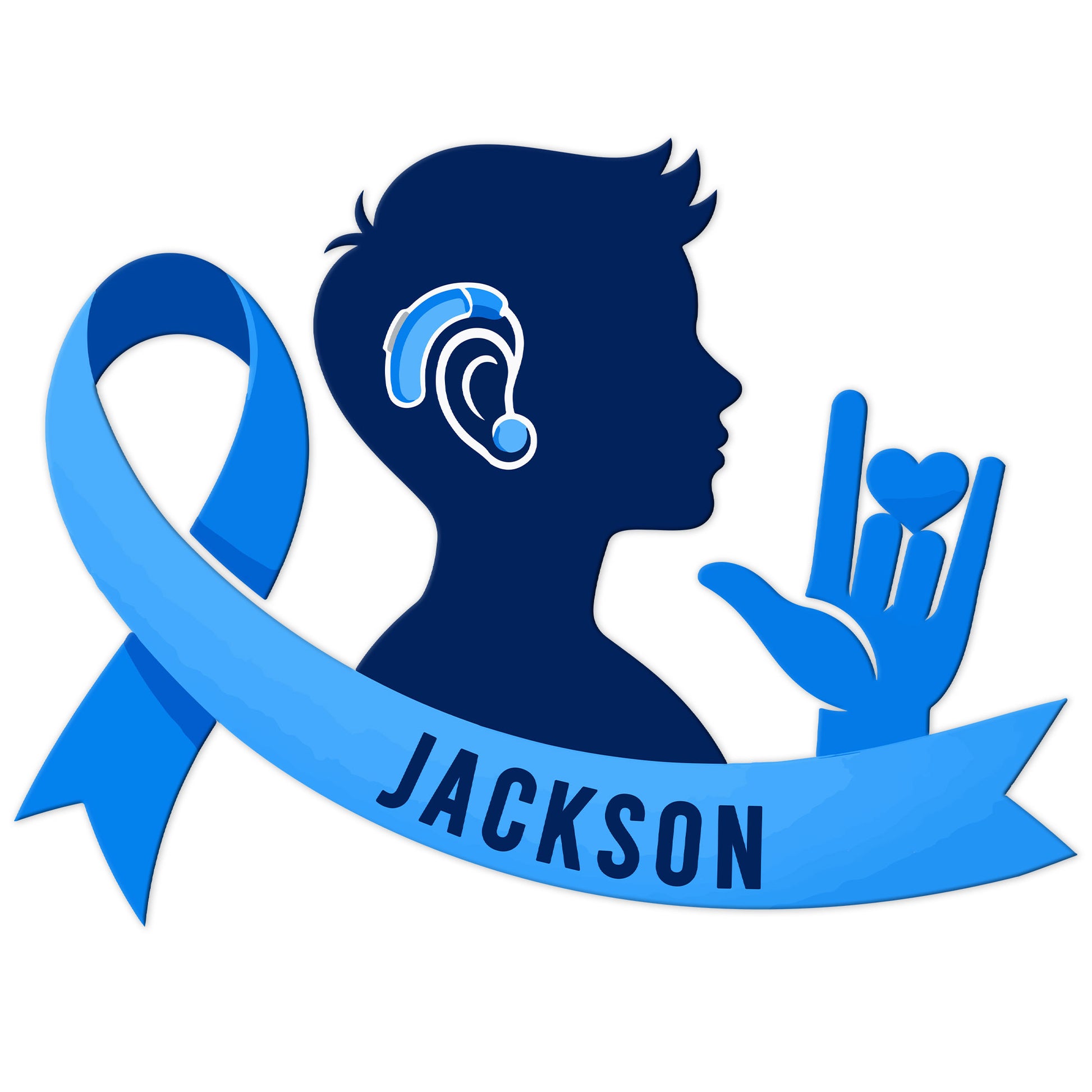 Blue Deaf awareness metal sign featuring an ASL hand symbol, hearing device, ribbon, and profile silhouette