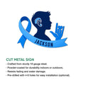 Deaf awareness metal sign with blue ribbon, ASL hand gesture, and hearing device profile design