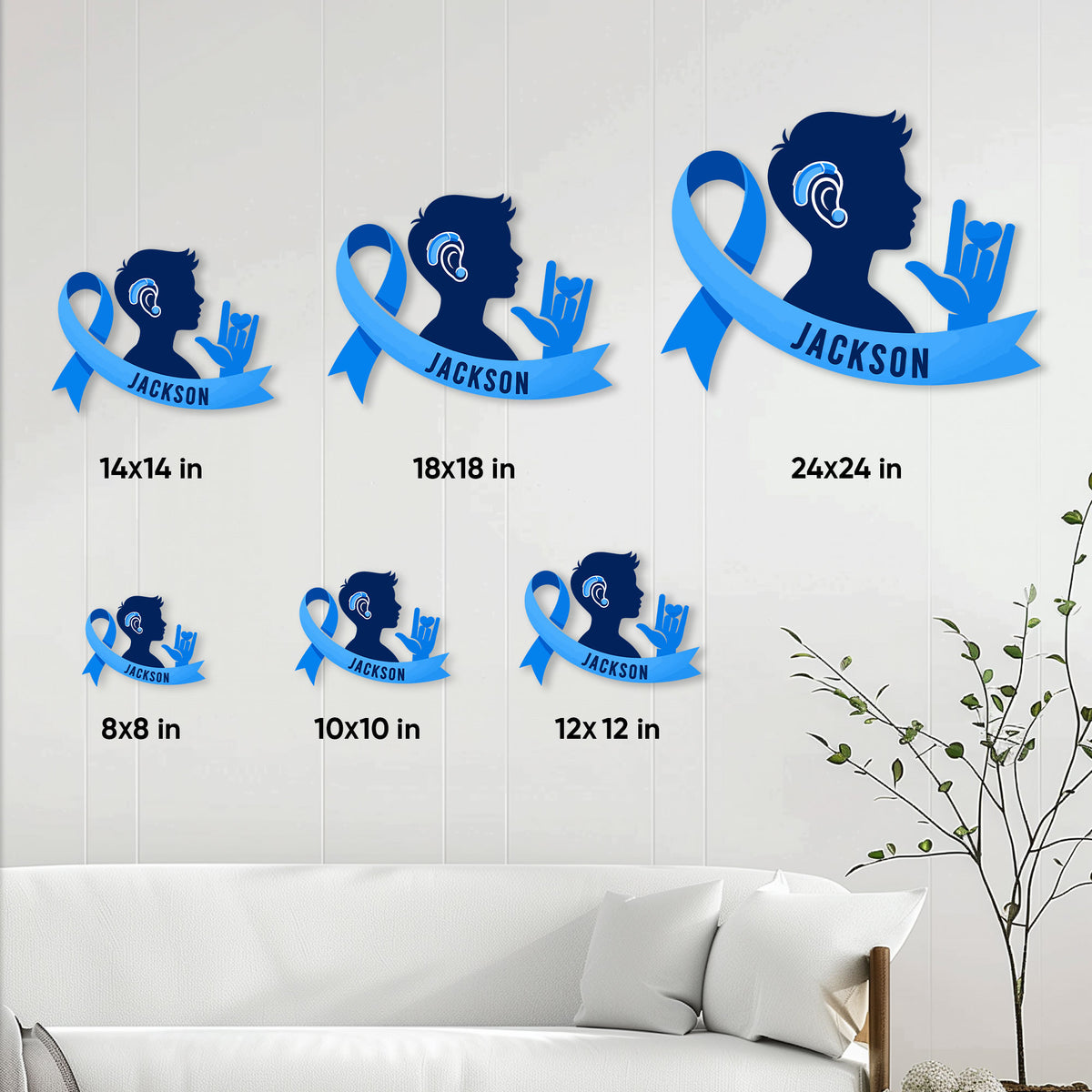 Deaf awareness metal sign size guide showing available square sizes from 8 by 8 to 24 by 24 inches