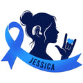 Sign language metal sign featuring a woman with a hearing aid, blue awareness ribbon, and I love you hand gesture