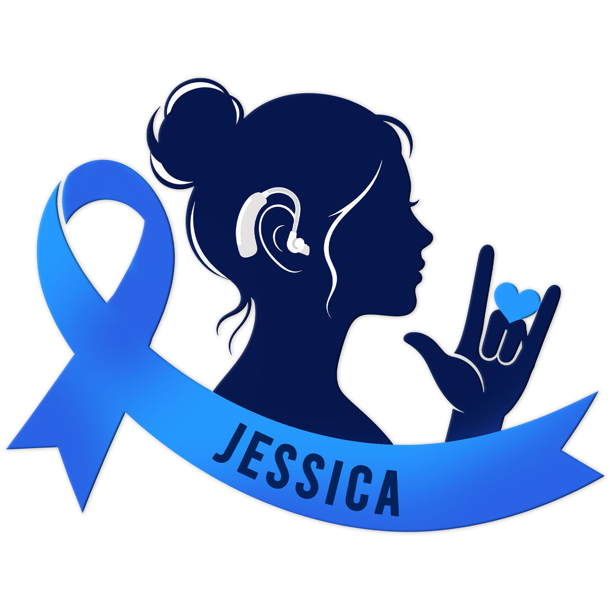 Sign language metal sign featuring a woman with a hearing aid, blue awareness ribbon, and I love you hand gesture