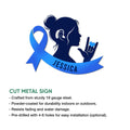 Cut metal sign featuring a sign language woman, hearing aid, blue awareness ribbon, and I love you hand gesture