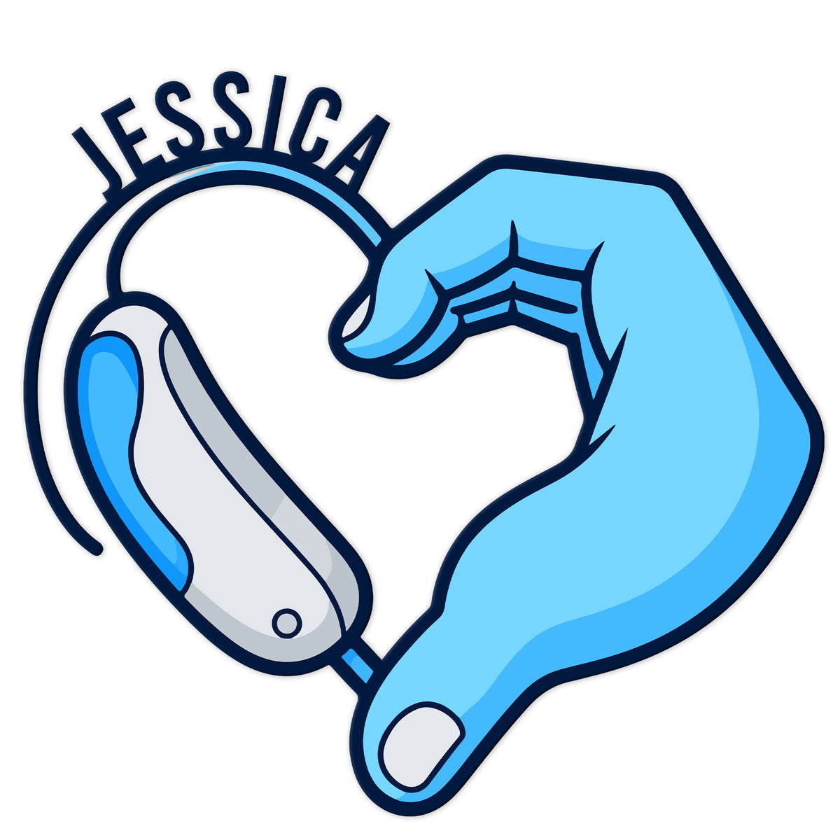Sign language metal sign featuring two hands forming a heart in bright blue and gray tones