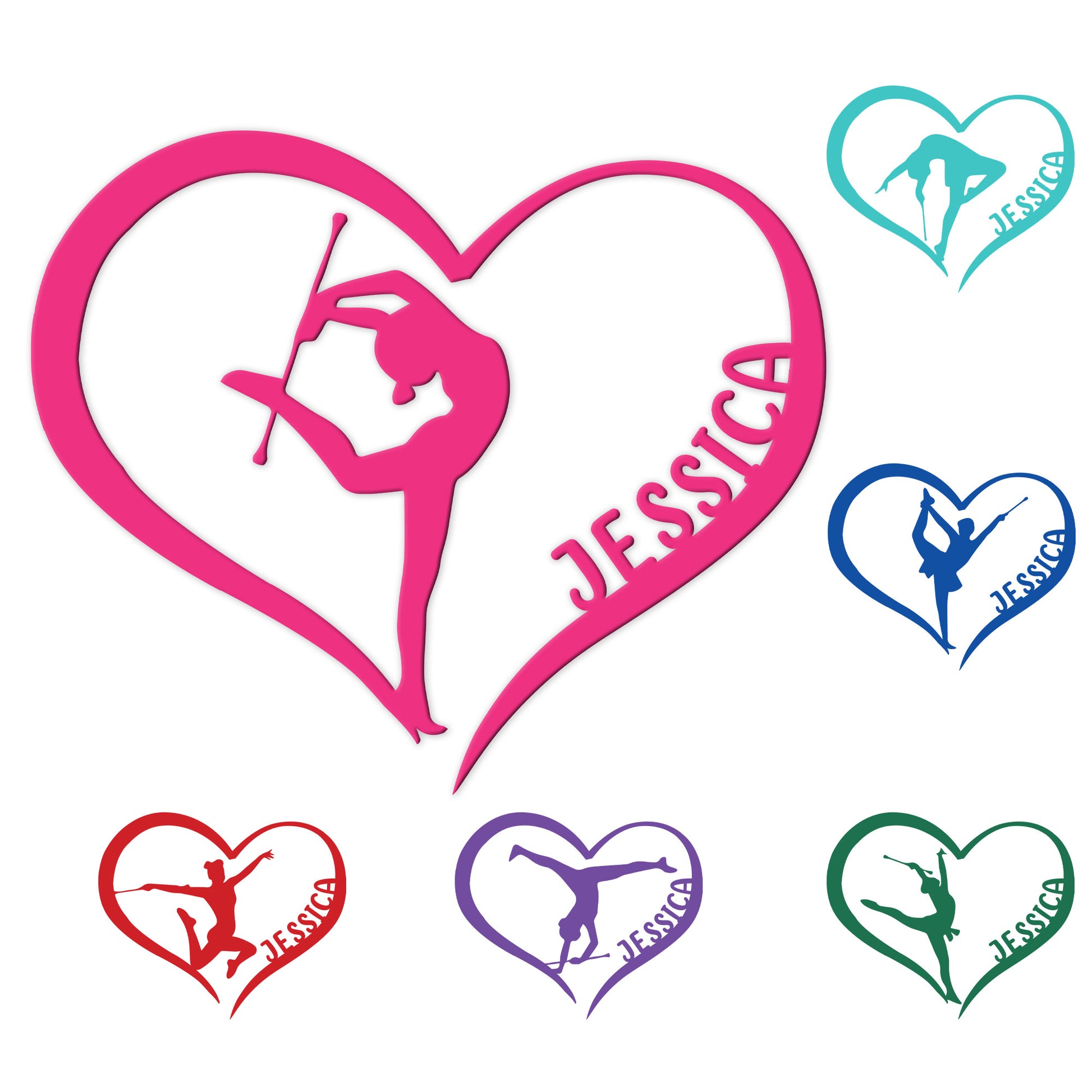 Heart-shaped baton twirling metal sign artwork with a dynamic performer silhouette and multiple color examples