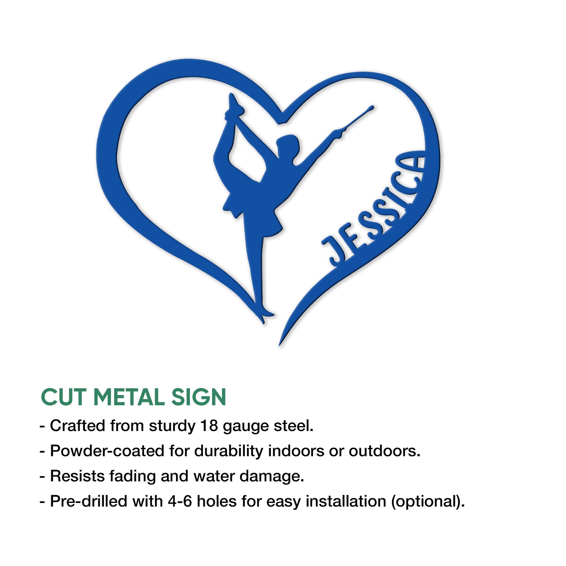 Blue heart-shaped metal sign featuring a baton twirler silhouette in an energetic performance pose