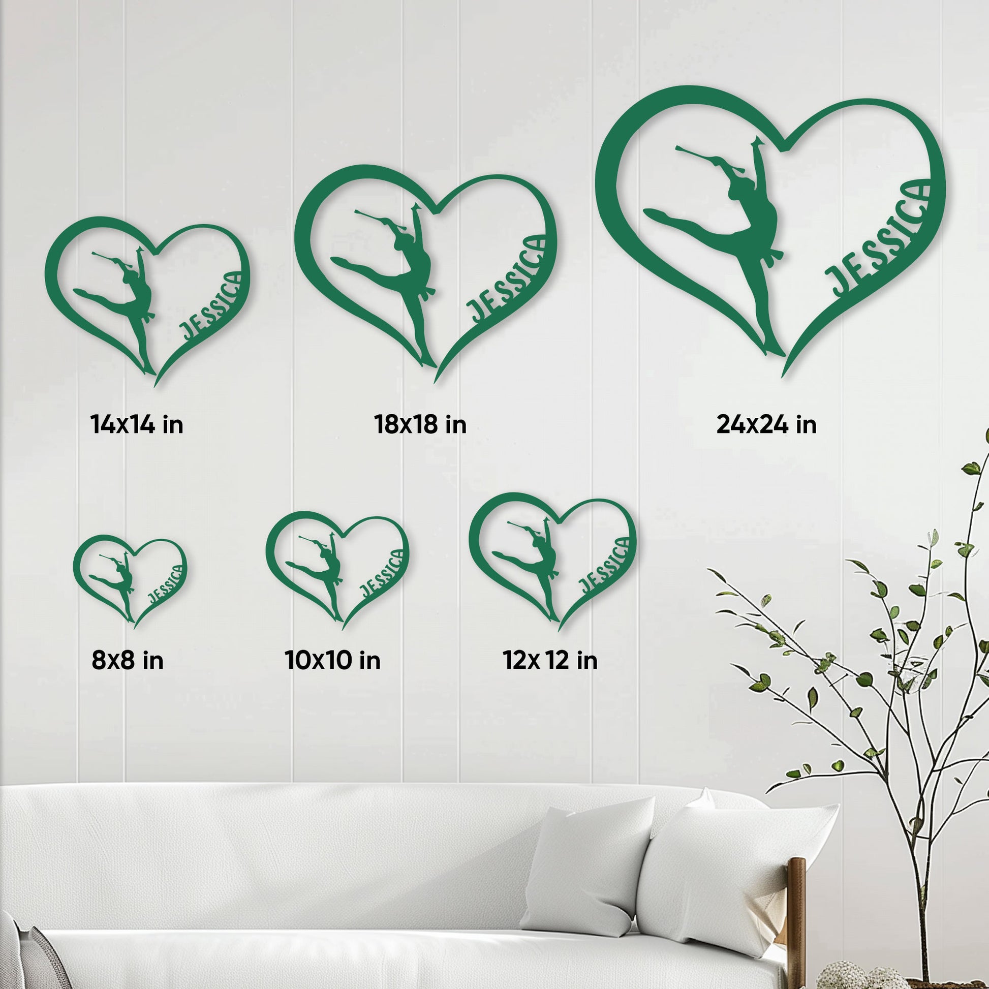 Baton twirling heart sign shown in multiple size options on a bright living room wall