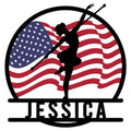 Patriotic baton twirler silhouette metal sign with American flag design