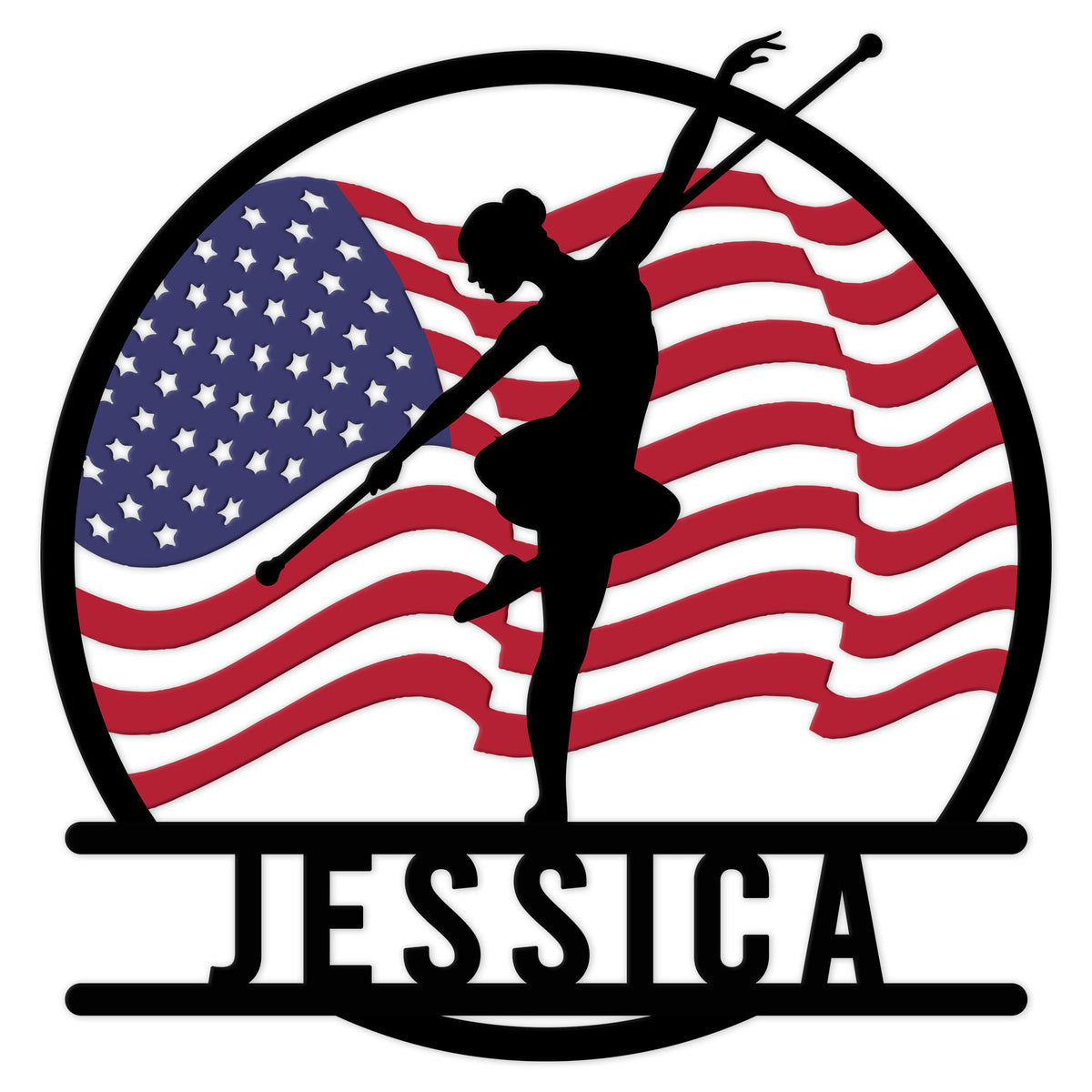 Patriotic baton twirler silhouette metal sign with American flag design