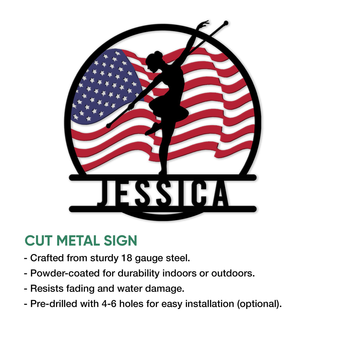 Baton twirling metal sign feature graphic showing available size options
