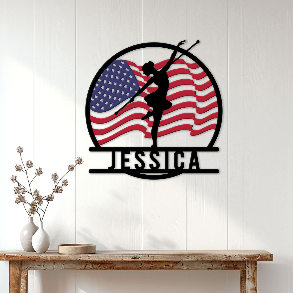 Patriotic baton twirling wall sign displayed in a bright home entryway