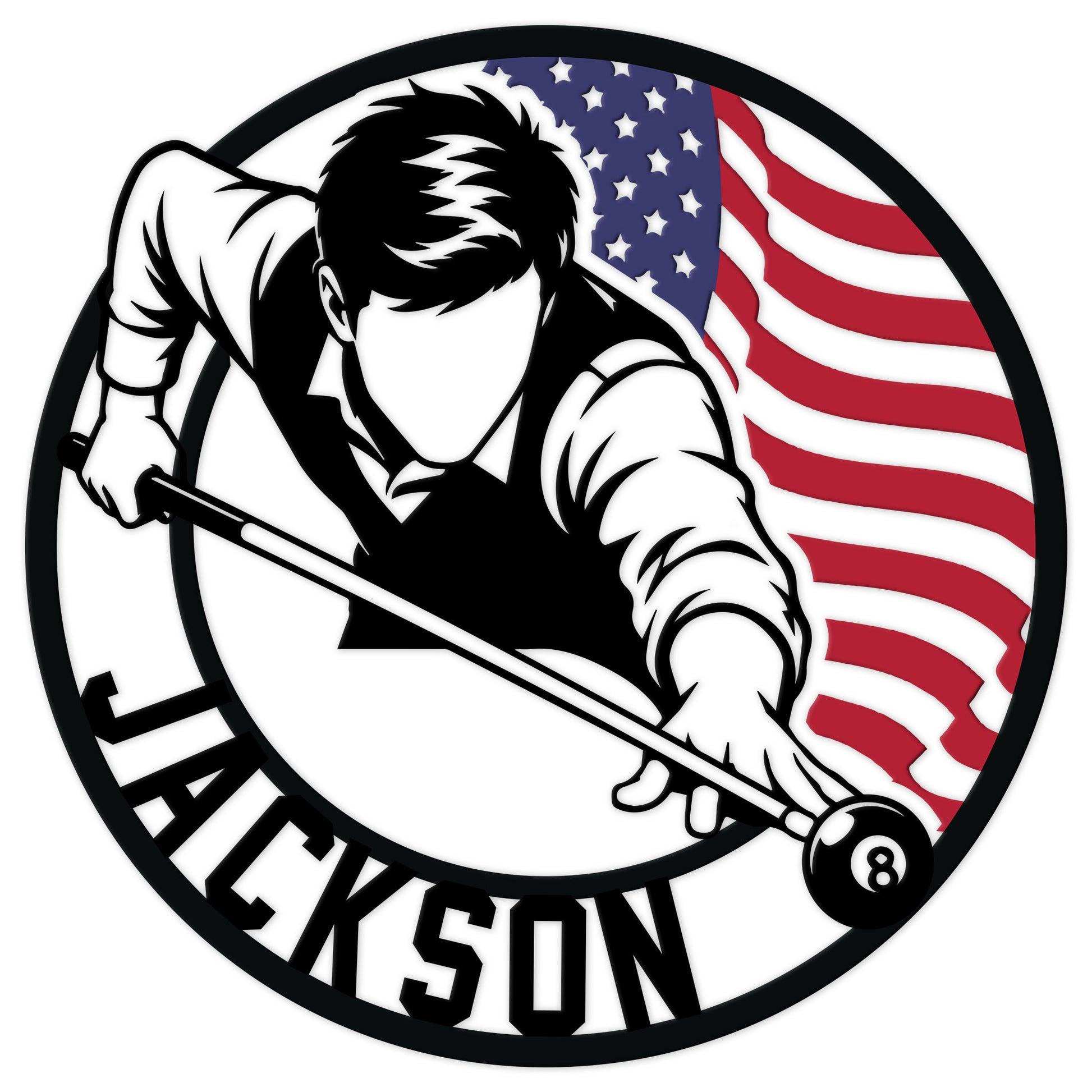 Billiards metal sign featuring a pool player with cue, 8-ball, and American flag artwork