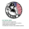 Billiards player metal sign shown with cut metal sign features and patriotic pool artwork