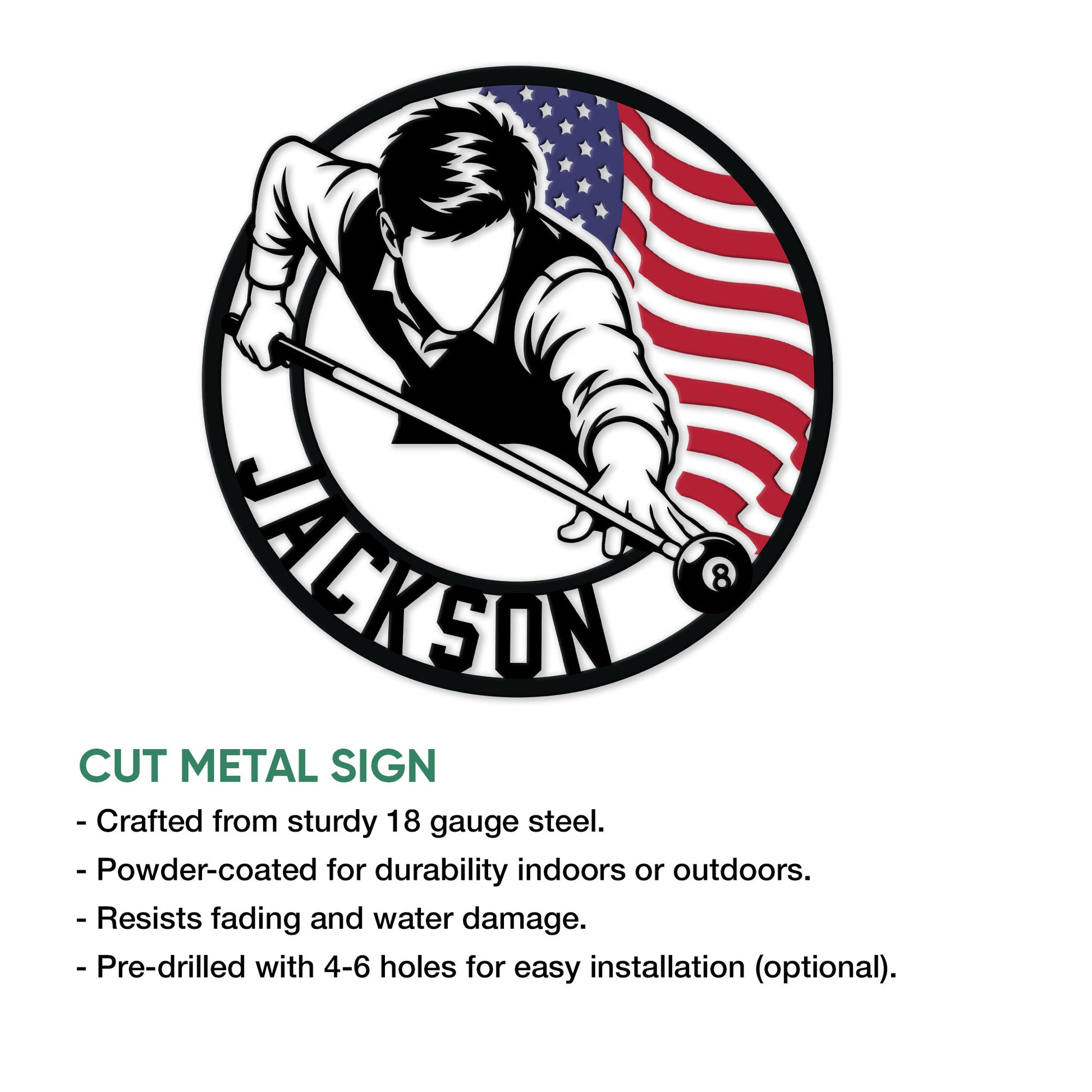 Billiards player metal sign shown with cut metal sign features and patriotic pool artwork