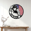 Patriotic pool player metal sign displayed as billiards wall decor in a bright home interior