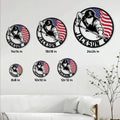 Billiards metal sign size guide showing the patriotic pool player design in six available sizes