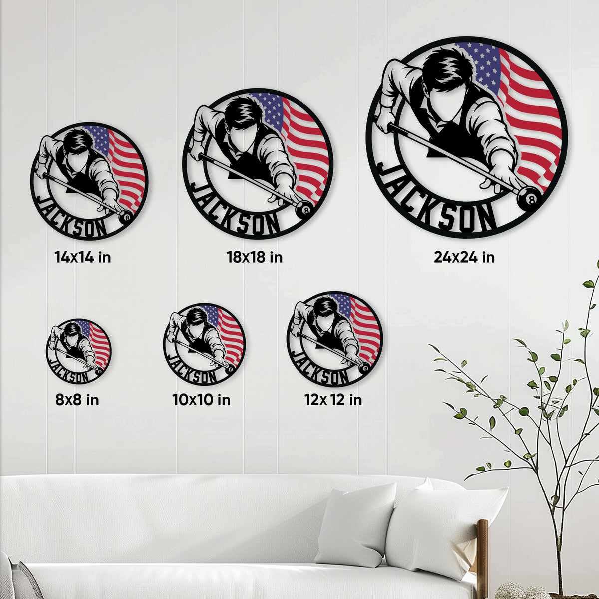 Billiards metal sign size guide showing the patriotic pool player design in six available sizes