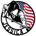Custom billiards metal sign featuring a female pool player, cue, 8-ball, and American flag motif
