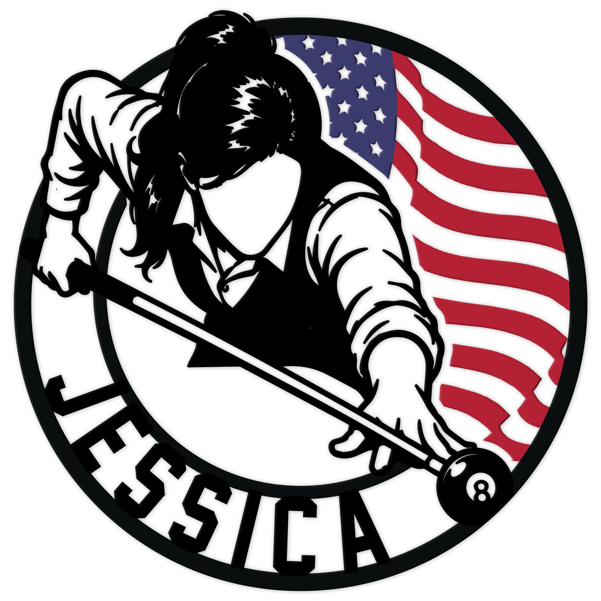 Custom billiards metal sign featuring a female pool player, cue, 8-ball, and American flag motif