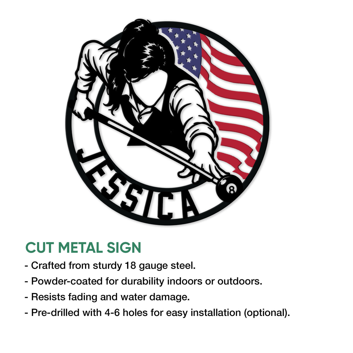 Billiards metal sign feature graphic showing the pool player design and product construction details