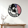 Billiards wall decor displayed above a console table, featuring a female pool player and American flag design