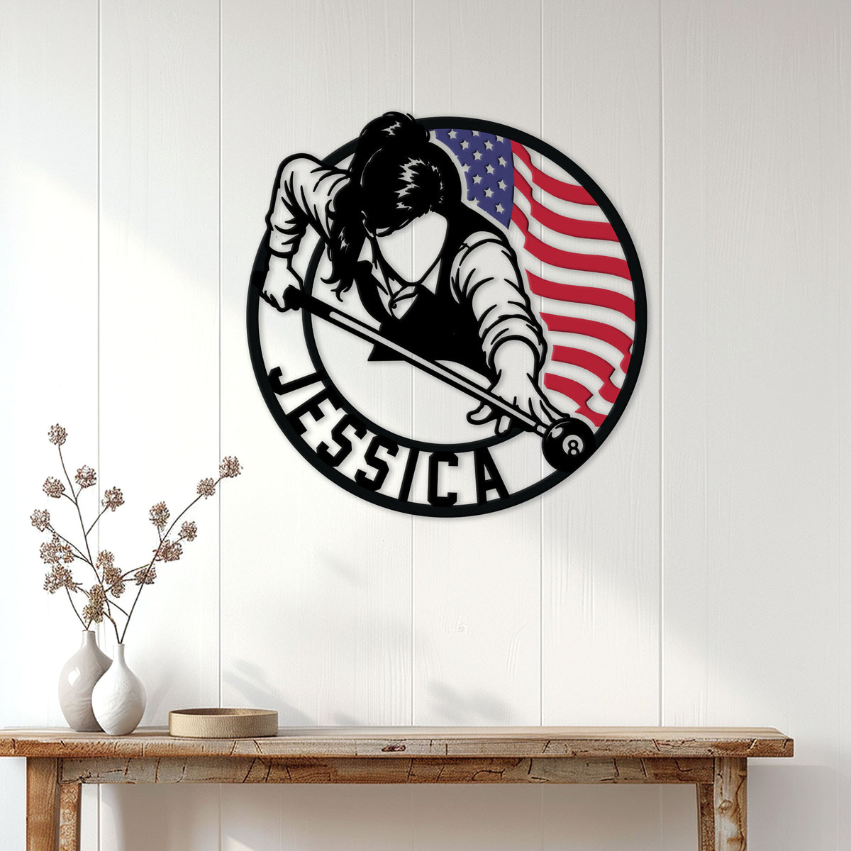 Billiards wall decor displayed above a console table, featuring a female pool player and American flag design