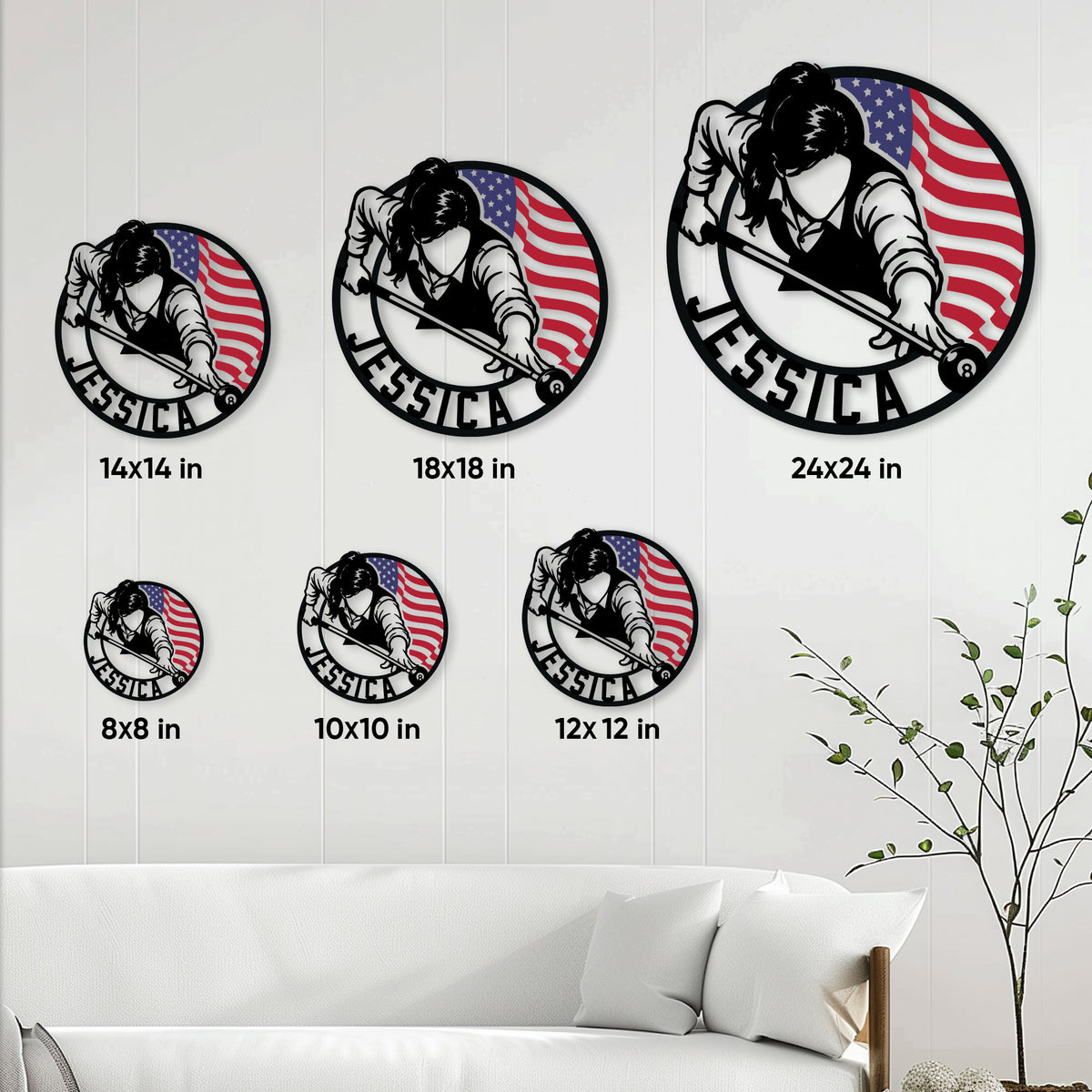 Billiards metal sign size guide showing circular options from 8 by 8 inches to 24 by 24 inches