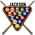 Custom billiards metal sign featuring a triangular pool rack, colorful balls, and crossed pool cues