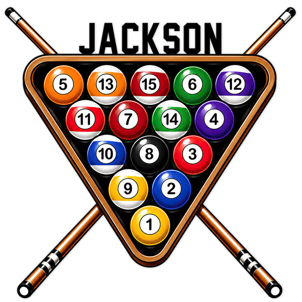 Custom billiards metal sign featuring a triangular pool rack, colorful balls, and crossed pool cues