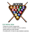 Billiards metal sign feature graphic showing a colorful pool rack design with crossed cues