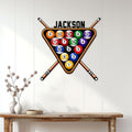 Billiards wall sign displayed above a console table in a bright home interior