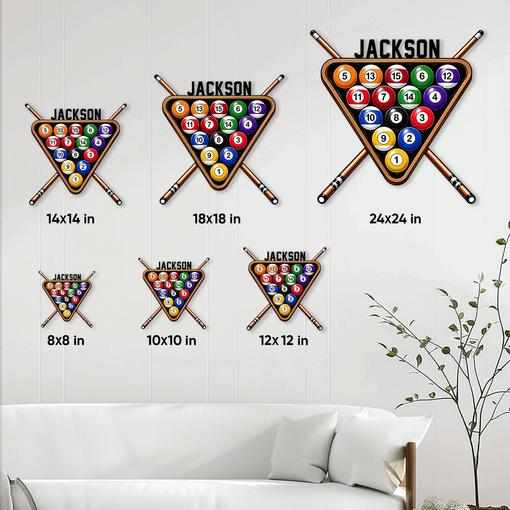 Billiards metal sign size guide showing multiple square size options on a wall