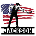 Billiards player metal sign featuring a cue, eight ball, and patriotic flag-inspired artwork
