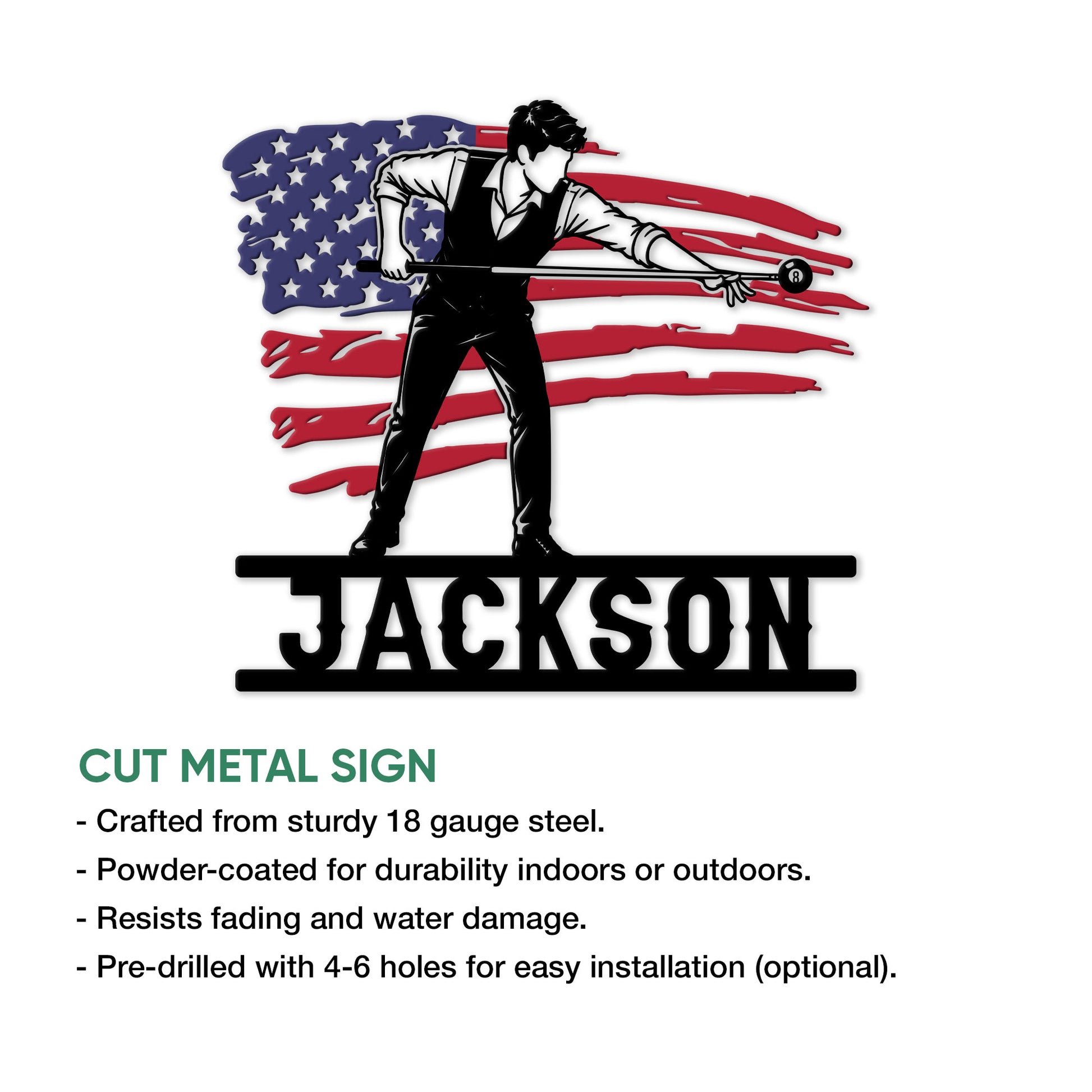 Billiards player metal sign shown in a product feature infographic with cut-metal sign details