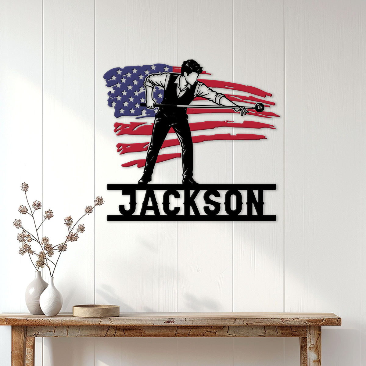 Billiards wall sign displayed above a console table in a bright home interior