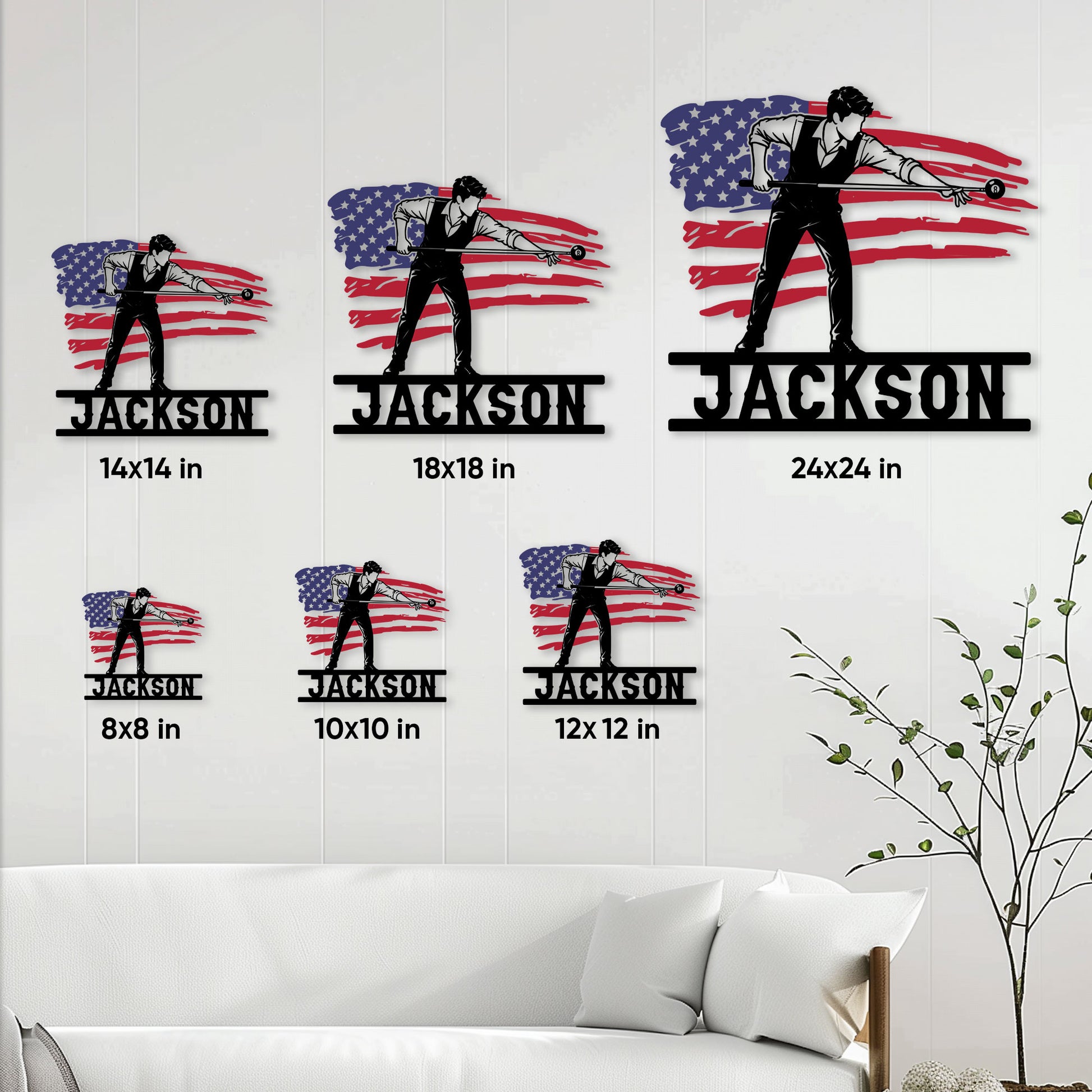 Billiards player metal sign size guide showing options from 8 by 8 to 24 by 24 inches