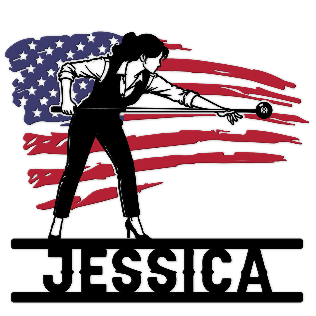 Patriotic billiards metal sign featuring a woman playing pool against a distressed American flag backdrop